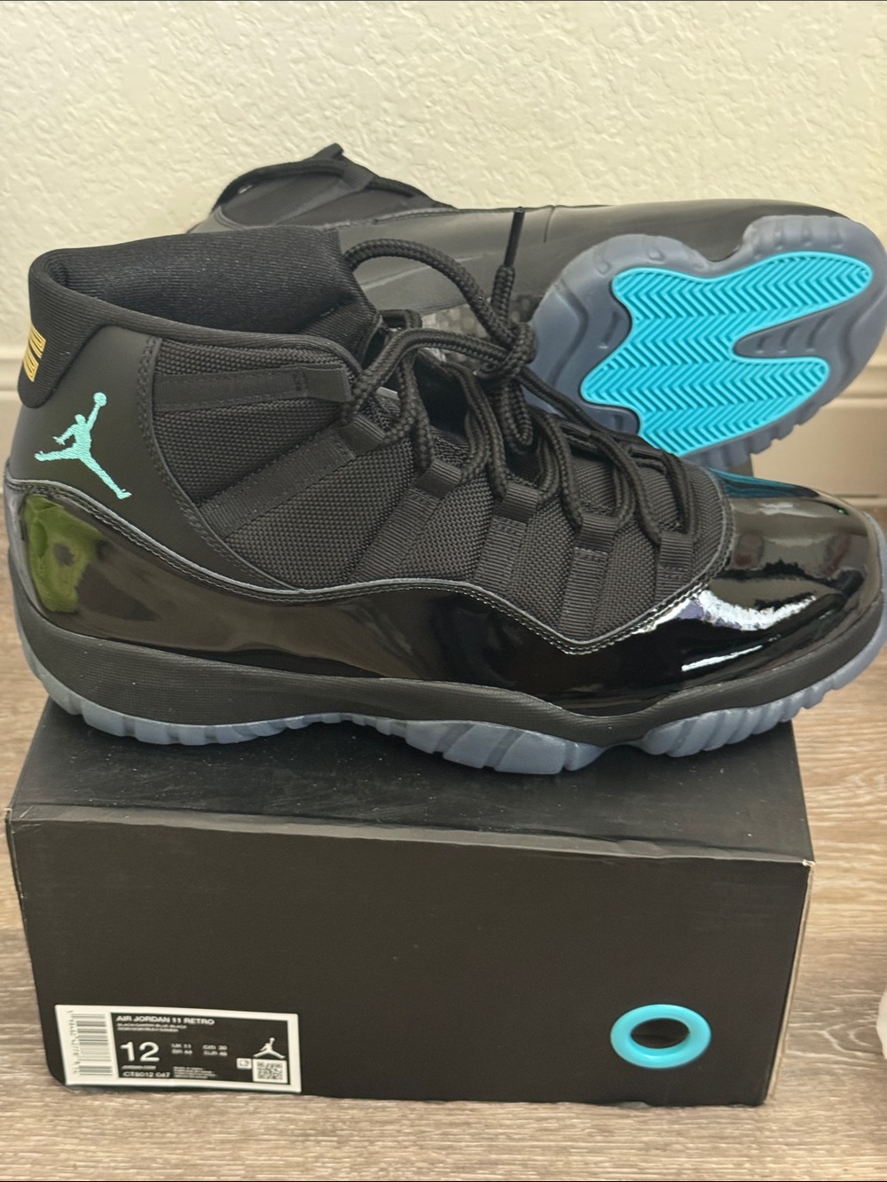 Jordan Gamma Blue 2025 New Black Patent High-Top Sneakers with Teal Accents
